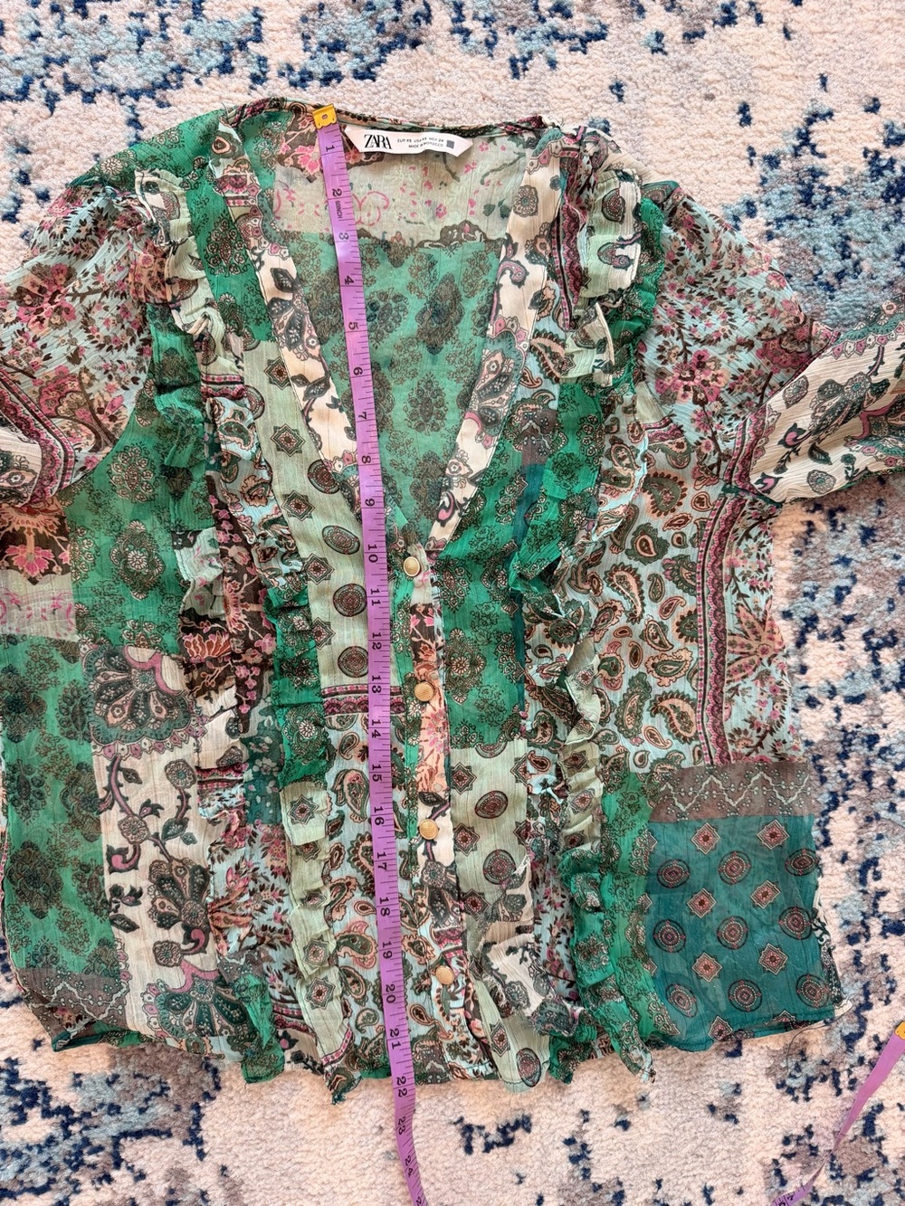 Zara Sheer Paisley Ruffle Blouse in Green and Cream